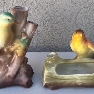 (2) Vintage Czech Hand Painted Ceramic Bird On Log Planter And Vase