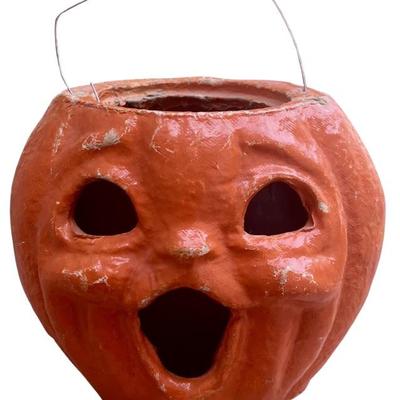 Rare 1930's Vintage Halloween Paper Mache Jack-o-lantern With Wire Handle