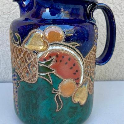 2002 Hand Thrown Signed Pottery Pitcher With Fruit Motif