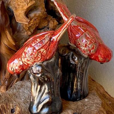 Pair Of Red Birds On Stumps Glazed And Unglazed