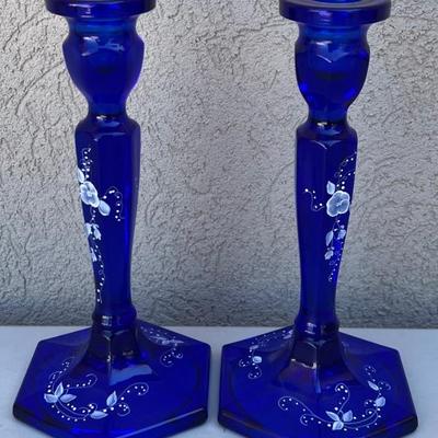 Pair Of Fenton Blue 8.5" Artist Signed Deep Cobalt Artist Signed Candle Holders