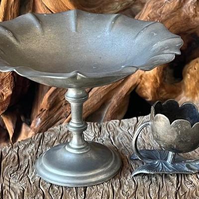 Antique Silver Plate Lily Pad Victorian Match Holder With A Flagg & Homan 107 Pewter Compote