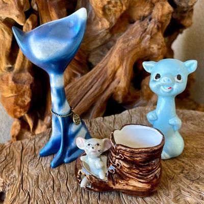 WM Co. Ceramic Mouse In Shoe, MCM Pig, Kitschy Katz Sky Cat Resin