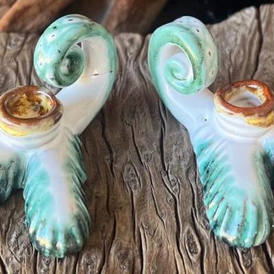 Pair Of Vintage Miniture Anzen Gruber Keramik Wien Candle Stick Holders Austria (As Is)