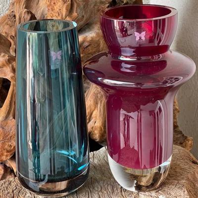 (2) Heavy Art Glass Waterford Marquis Vases - Red Rumba (As Is), Blue Vase (As Is)
