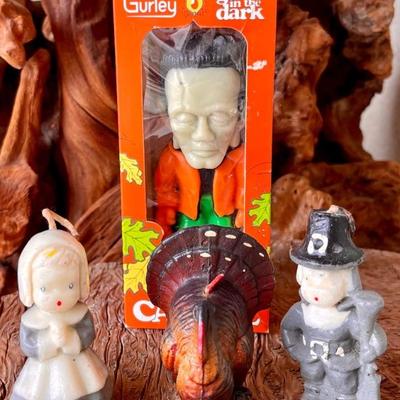 (3) Gurley Novelty Company Thanksgiving Candles Pilgrims And Turkey, Frankenstein Glow In Dark IOB