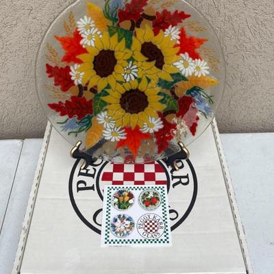 Peggy Karr Art Glass 11" Autumn Sunflower Platter Signed With Original Box Food Safe