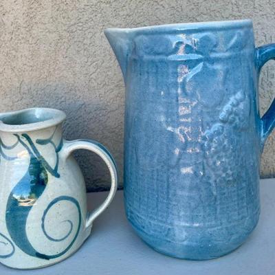 Vintage Stoneware Drip Glaze Grape Pattern Pitcher, Hand Made Pottery Pitcher