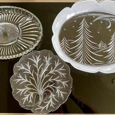 (3) Glass Serving Trays - Indiana Glass Pebble Tree, Mikasa Starry Night, And Divided Tray