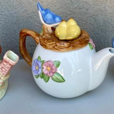 (3) Vintage Novelty Tea Pots - Cottageware By Heritage, Mint Ldt., Blue Porcelain Geese