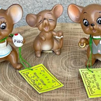 (3) Vintage Josef Originals Mouse Village Figurines - Nurse, Groom, And More