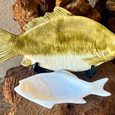 Vintage 16" Ceramic Carp Dish And 9.75" Milk Glass Fish Bowl