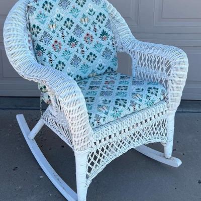 Vintage White Woven Rattan Rocking Chair With Hampton Bay Floral Cushion
