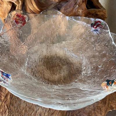 Pair Of Crate And Barrel Art Glass Bowls - Square Orien Bowl And Art Glass Embellished 