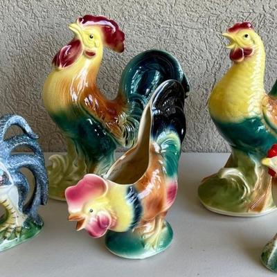 Royal Copley Rooster Planter, (2) Speckled Rooster Figurines, Pair Of Vintage Rooster Figurines (as Is) 