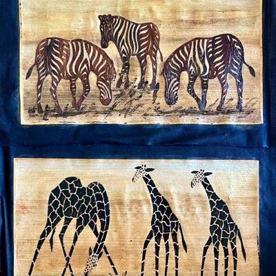 Pair Of African Hand Made Mixed Media Batik Cloth Zebras And Giraffes