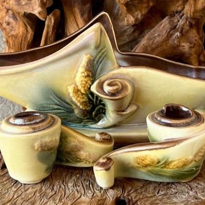 Vintage Hull Pottery Parchment Pine Console Set - Bowl And (2) Candle Holders