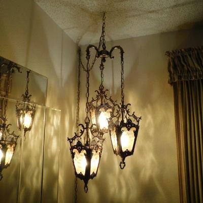 3 light  hanging swag lamp, amber glass, working perfectly