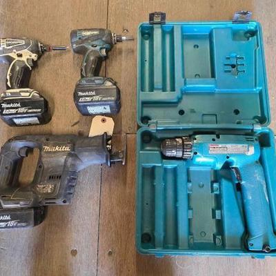 #4082 • (3) Makita Power Drills, (1) Reciprocating Saw, and (3) 18V 5.0 Ah Batteries