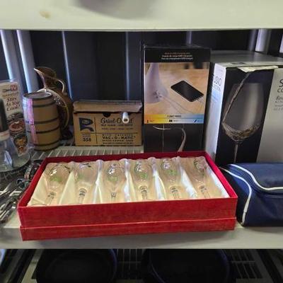 #10028 • Microlife Blood Pressure Monitor, Crystal Wine Glasses, Bostitch Desk Lamp
