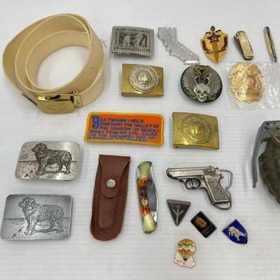 #1908 • Belt, Belt Buckles, Pins, Fuax Grenade & Knives