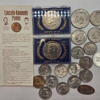 #1508 • Collection of Half Dollars, Dollar Coins, Penny & Tokens