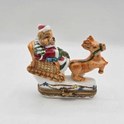 #1956 • Teddy Bear Santa Clause and Reindeer Limoges Trinket Box