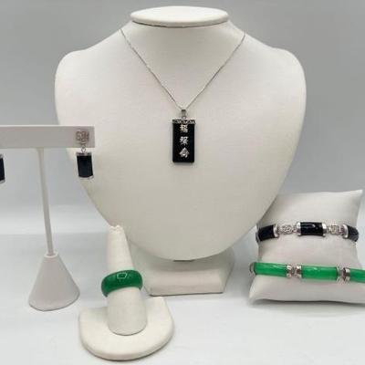#902 • Sterling Silver Nephrite & Black Onyx Jewelry Sets, 33.93g
