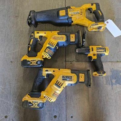 #4080 • (3) DeWalt Reciprocating Saws, (1) Power Drill, and (2) 20V Batteries