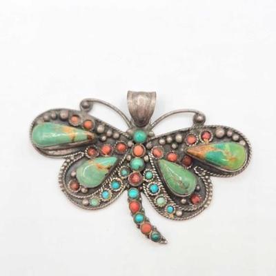 #912 • Native American Sterling Silver Vintage Butterfly Turqouise & Coral Pendant, 28.3g
