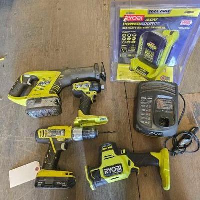 #4084 • (2) Ryobi Power Drills, (2) Reciprocating Saws, (1) 40V PowerSource 300W Battery Inverter, (2) 18V Batteries, and (1) In-Vehicle...