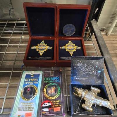 #4128 • (2) Disney Collectable Pins, (2) Olympic Trading Pins, and Firefly Serenity Christmas Ornament