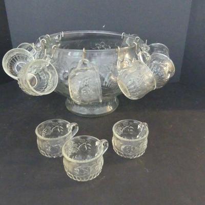 Vintage 1960s Jeannette Glass Co. "Fruit Clear" 22-Piece Punch Set - Punch Bowl, 12 Cups & 9 Metal S-Hooks - In Box