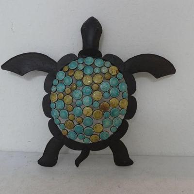Vintage Hammered Metal Turtle Wall Piece with Teal & Ochre Marbled Shell Medallions