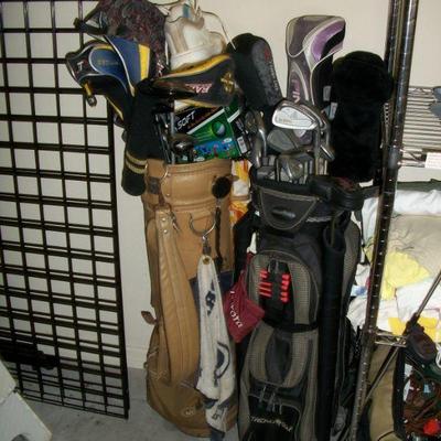 Golf bags and clubs