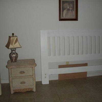 White QUEEN Headboard ; Light Tan Wicker 2 Drawer Nightstand ;Bedside Lamp ; Artwork - Print.