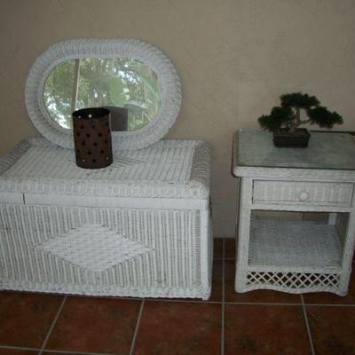 White Wicker Trunk ; White Wicker Nightstand/End Table ; White Wicker Oval Wall Mirror.