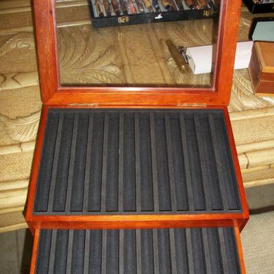Wood Pen Display/Holder Box, shown open, holds 24 pens.