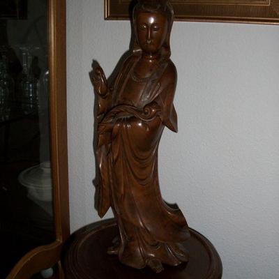 Carved Wood Asian Goddess ; Wood Plant Stand with 3 Spiral Legs.