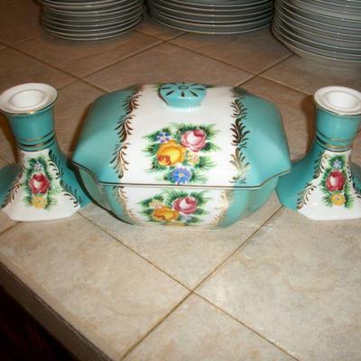 Vintage Porcelain Candy Dish ; Vintage pair of Candlesticks.