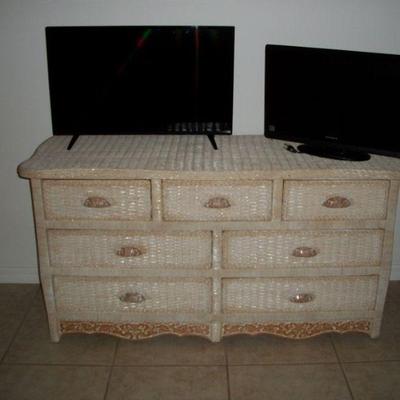 Light Tan Wicker 7 Drawer Dresser ; Dynex 24 inch TV ; Vizio 32 Inch TV with Remote.