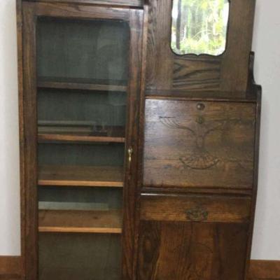 Antique Side by Side Glass Bookcase Secretary Desk Combo