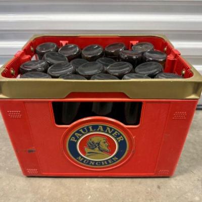 Vintage Paulaner Beer Crate w/ Extra-Large Vintage Amber Bottles	