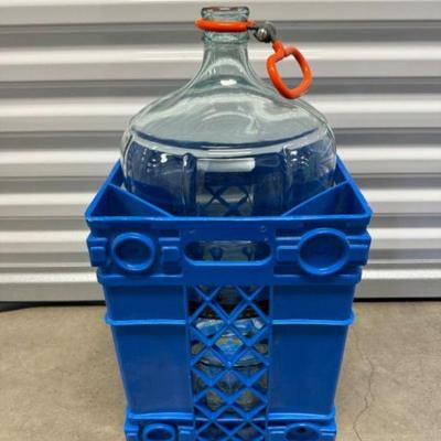 Vintage Glass Beer Carboy w/ Blue Hexagonal Crate #3	