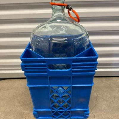 Vintage Glass Beer Carboy w/ Blue Hexagonal Crate #1	