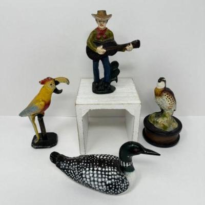 Vintage Cast Iron Bottle Openers: Country Musician, Parrot, Quail +	