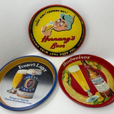 Vintage American Beer Tray Collection: Budweiser, Hornung's, & Fosters	