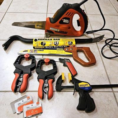 Assorted Necessary Tools, Black & Decker Electric Saw, Saws, Grips, Guerilla Crow Bar & Clamps  
