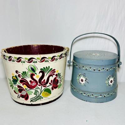  Two vintage hand-painted Dutch folk art wood buckets by  Louise Kuechle from 1950’s