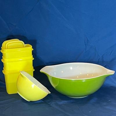  Vintage PYREX Cinderella Mixing Bowl Set & 3 Vintage Tupperware Yellow Shelf Saver